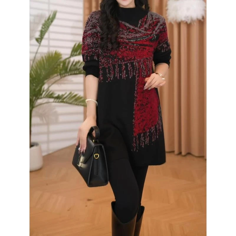 设计感围巾提花毛衣女秋冬新款宽松显瘦减龄百搭中长款针织衫上衣