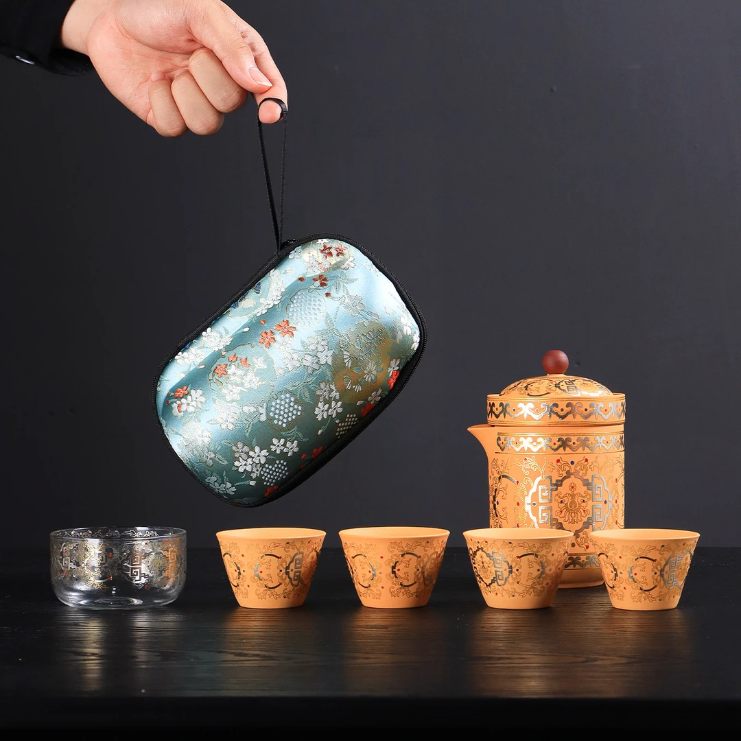 原矿紫砂黄金段泥便携式旅行茶具套装一壶五杯轻奢户外露营泡茶器