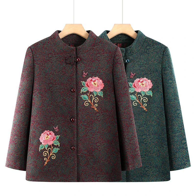 中老年人秋装外套女奶奶装立领绣花上衣老太太秋冬女开衫妈妈衣服