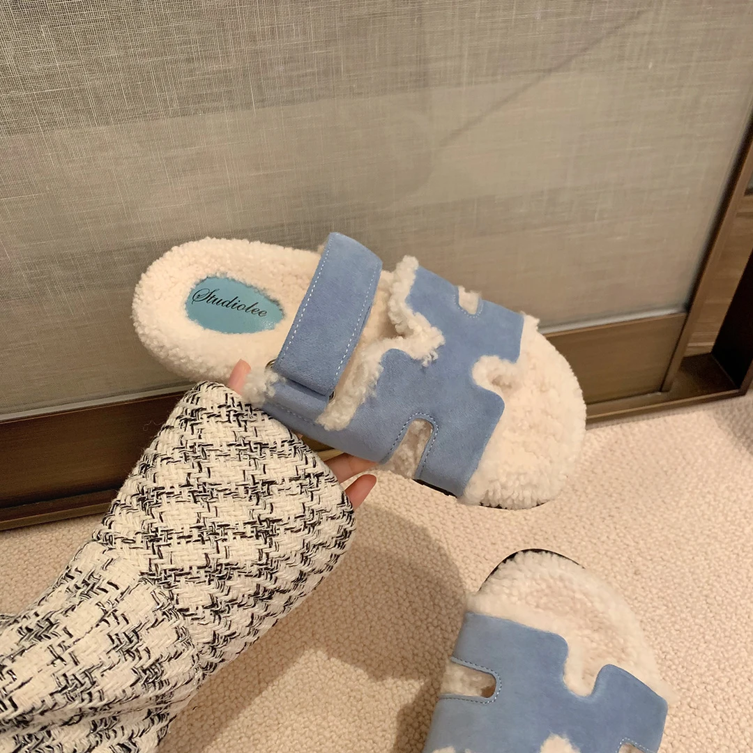 阿希哥同款平底毛毛鞋2025年新款皮毛一体拼色外穿魔术贴二舅拖鞋