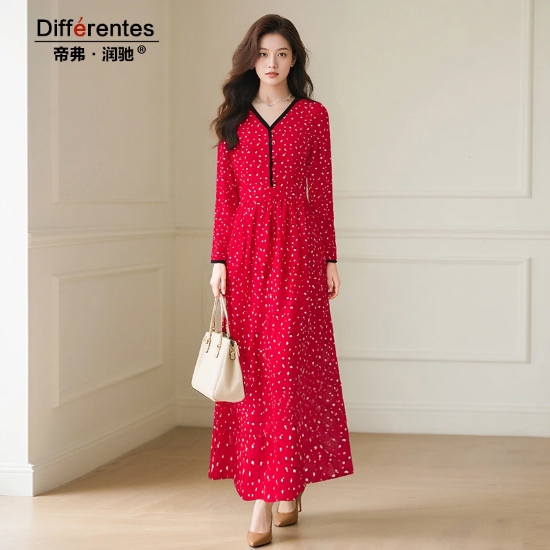 帝弗润驰秋季新款红色法式浪漫连衣裙女度假优雅气质时尚高档长裙