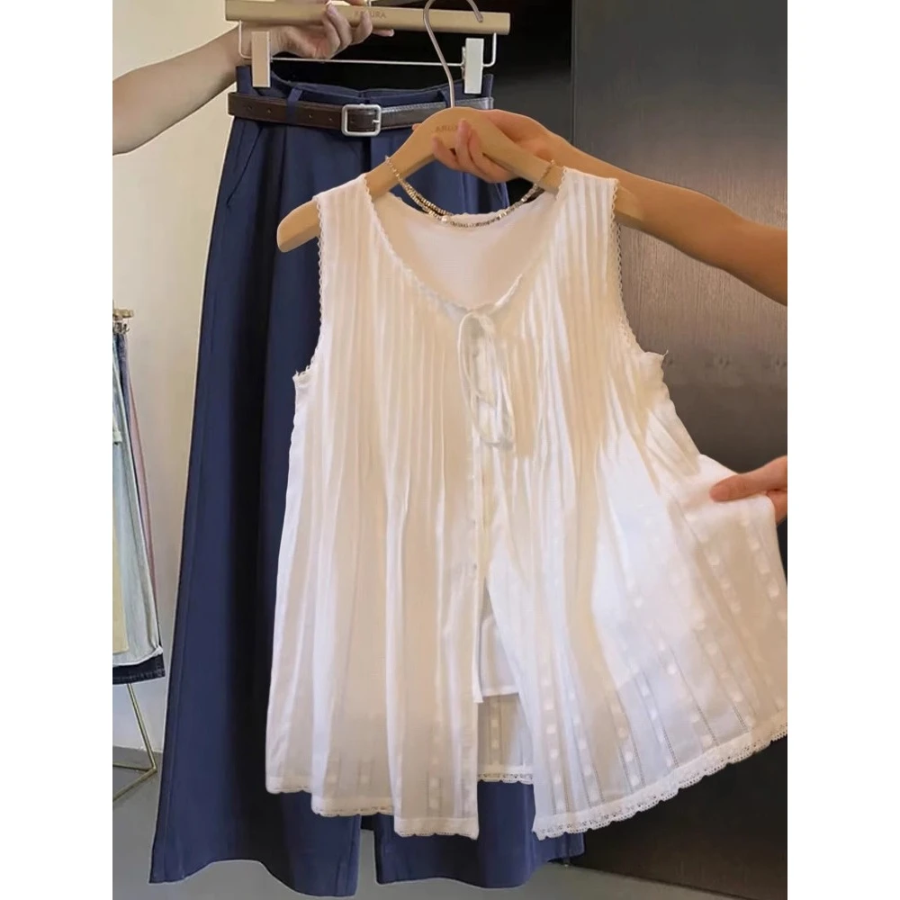 韩系气质重工蕾丝刺绣白色背心衬衫女2025夏季压褶高级感无袖上衣