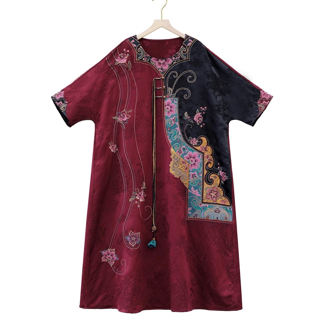 设计师原创高定重工刺绣民族风石榴红撞色提花人丝连衣裙袍子春秋