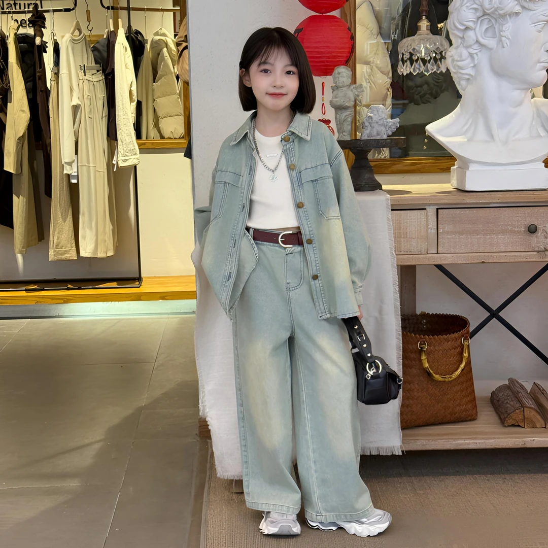 女童牛仔衬衫阔腿裤套装春秋2025韩版中大童时髦洋气两件套长款潮