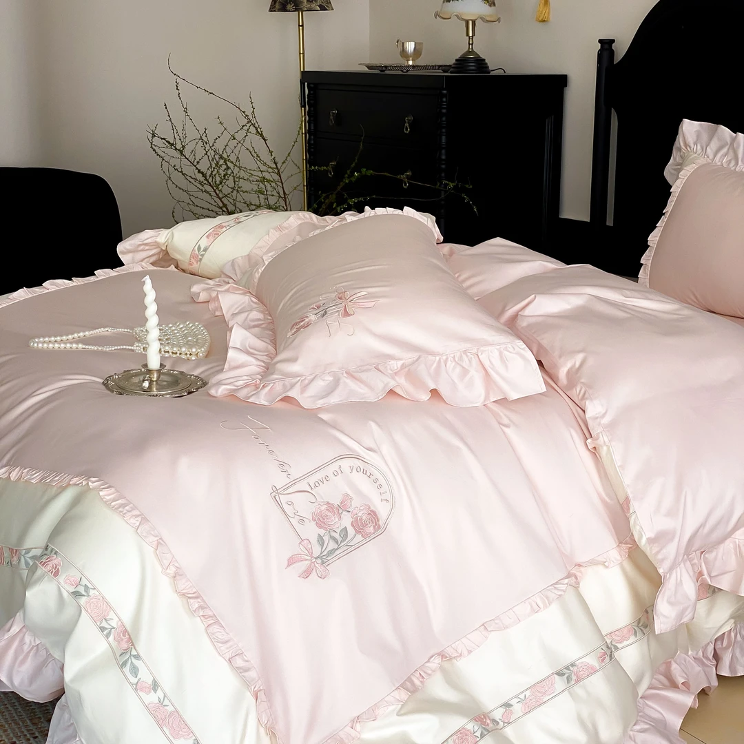 法式轻奢少女心刺绣全棉长绒棉四件套纯棉公主风花卉花边被套床单