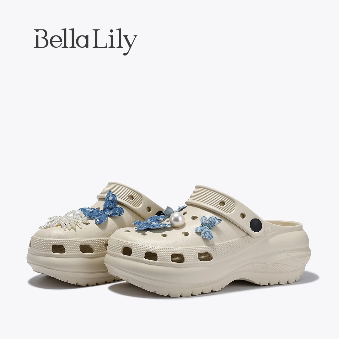 BellaLily2025夏季新款透气舒适踩屎感洞洞鞋外穿厚底一脚蹬拖鞋