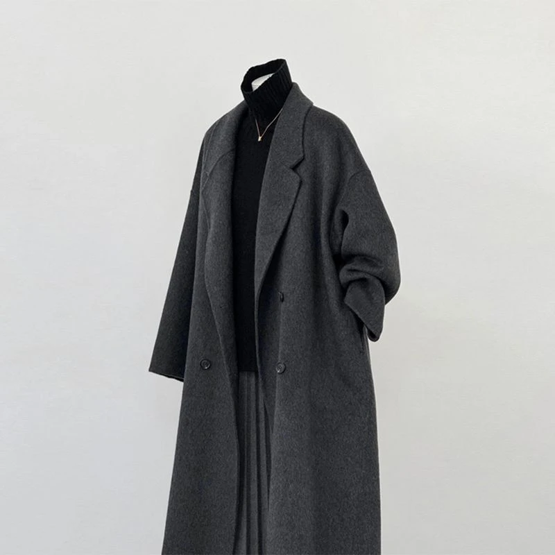 冬季新款黑色呢子大衣女时尚百搭洋气中长款加厚毛呢外套感小个子