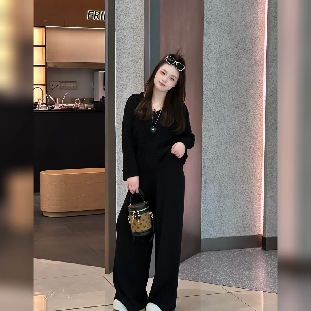 楠序【暖暖】魏魏微胖女装慵懒风镂空连帽长袖上衣裤子套装NX13823