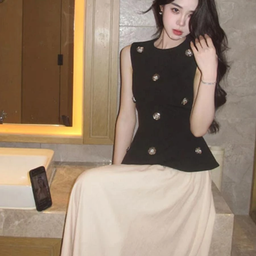 509#【夜影花语】春夏新款无袖黑色背心修身气质收腰半裙套装女显瘦