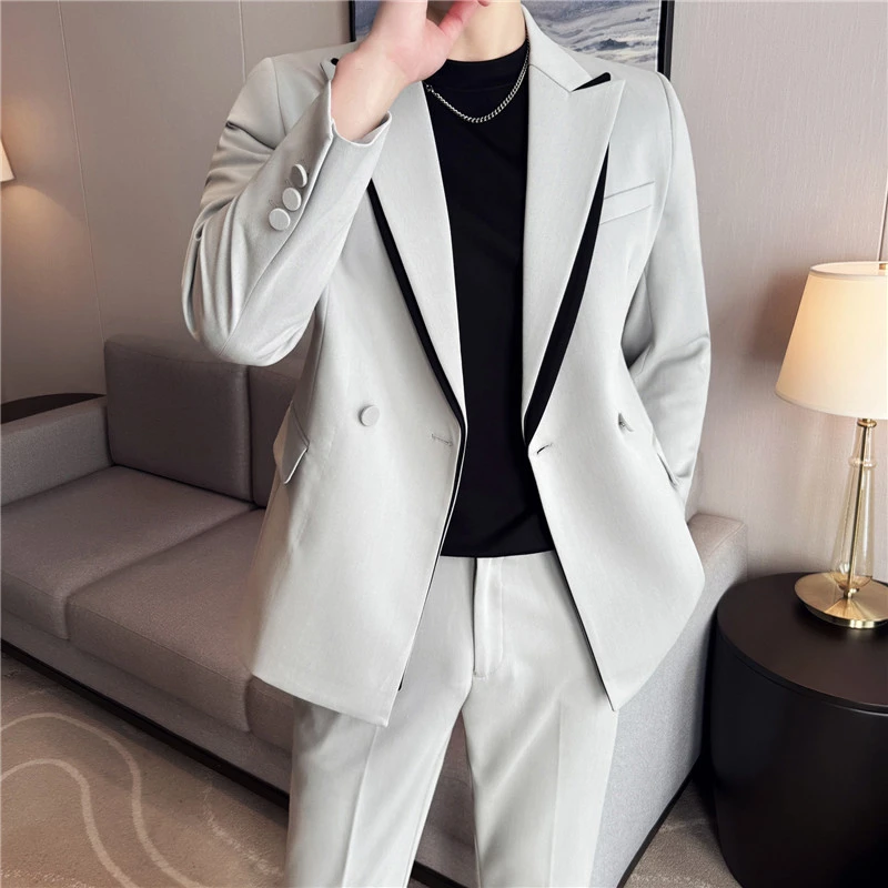 男士高级感双层领高档莱赛尔天丝韩版精致风休闲羊毛西服套装灰色