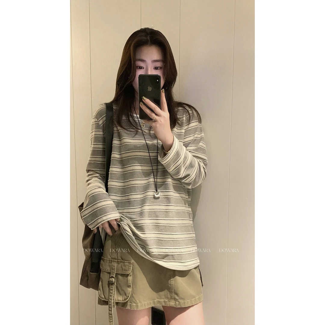 现货大婉酱微胖定制条纹罩衫松弛感t恤慵懒撞色休闲长袖上衣9930D