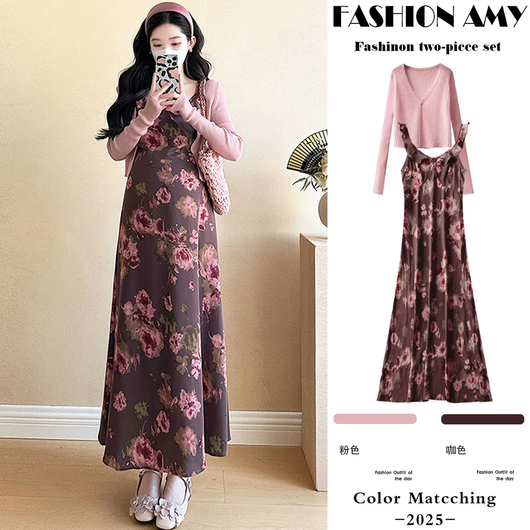 孕妇装春夏季法式拼接荷叶边印花连衣裙搭配防晒开衫孕妈两件套