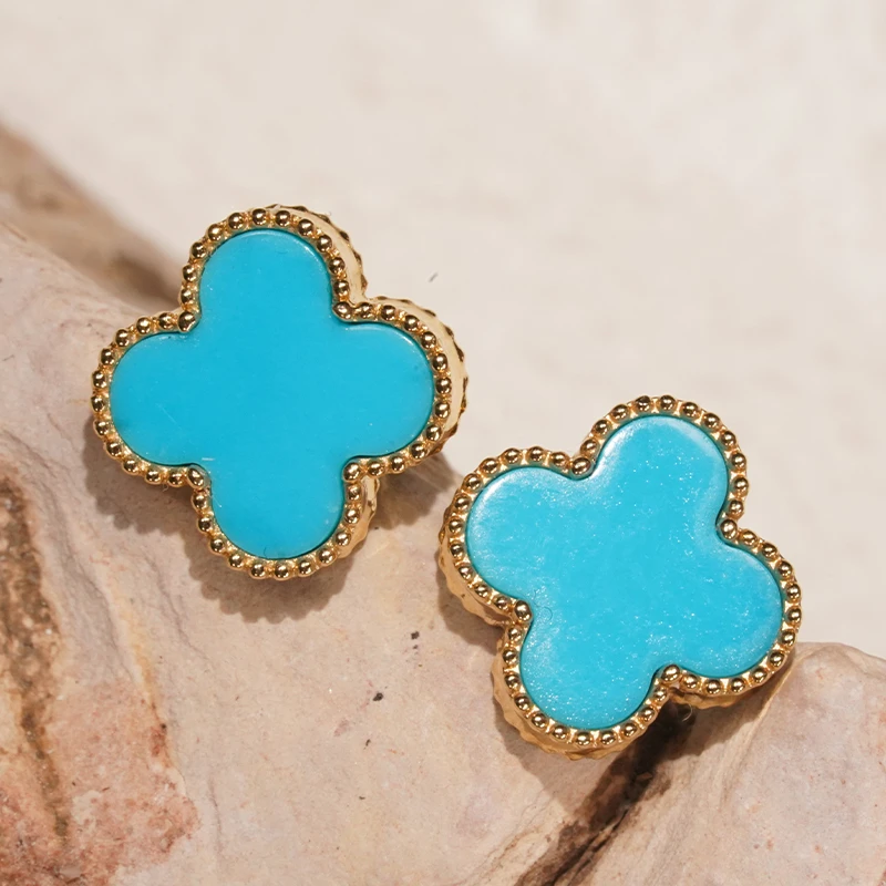 18k金绿松石“四叶花”时尚百搭耳钉