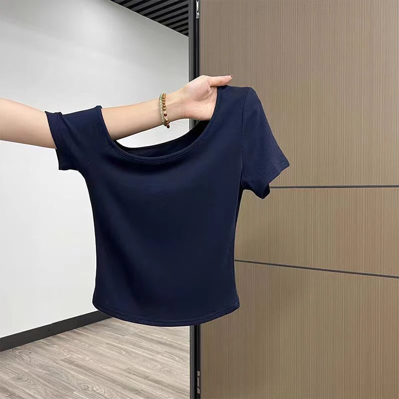 纯棉纯欲斜肩短袖T恤女2025夏新款修身显瘦甜辣小众露肩时尚上衣