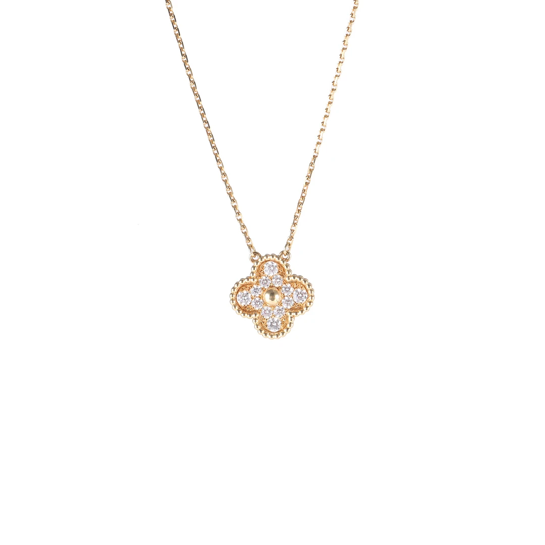 99新 梵克雅宝 【念念】中号单花项链 满钻 18K黄金/钻石 项链 黄金