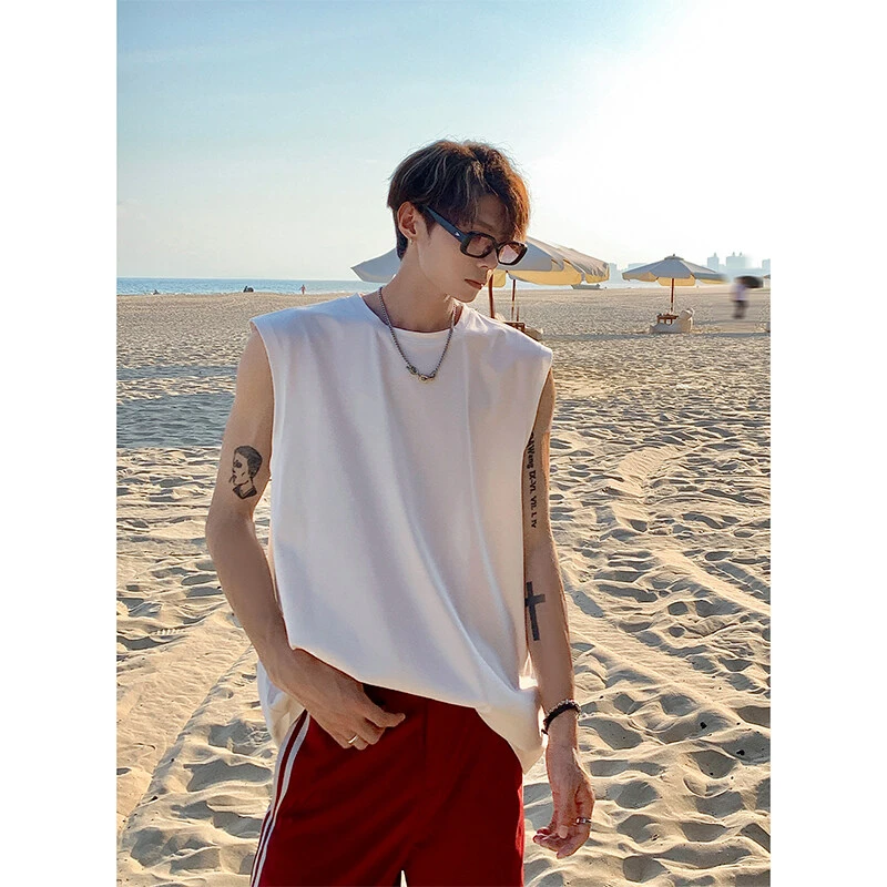 白色重磅无袖背心男款夏季小领口美式运动健身坎肩显肌肉汗衫T恤