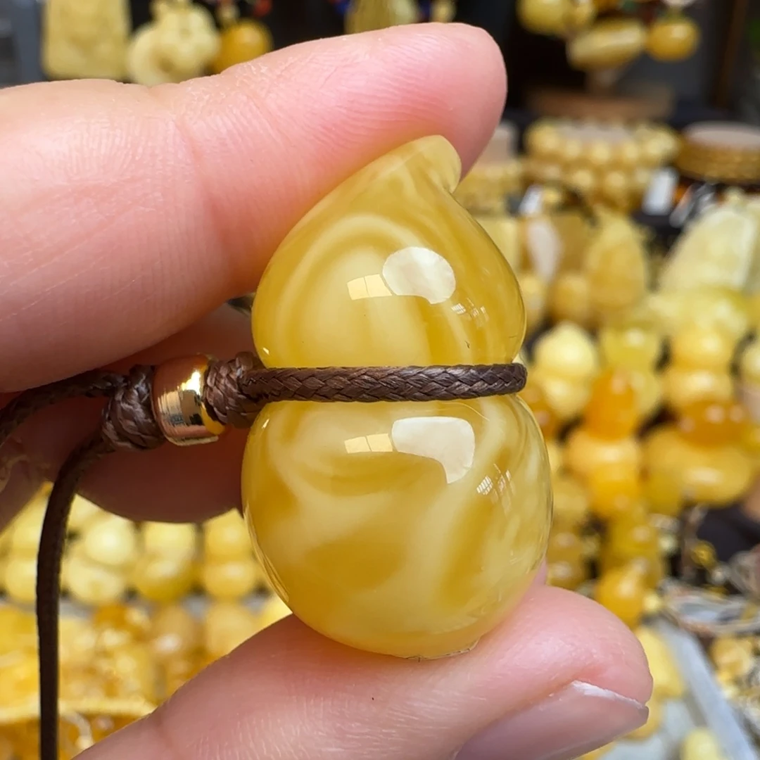 琥珀套链未镶嵌天然俄料鸡油黄蜜蜡葫芦吊坠