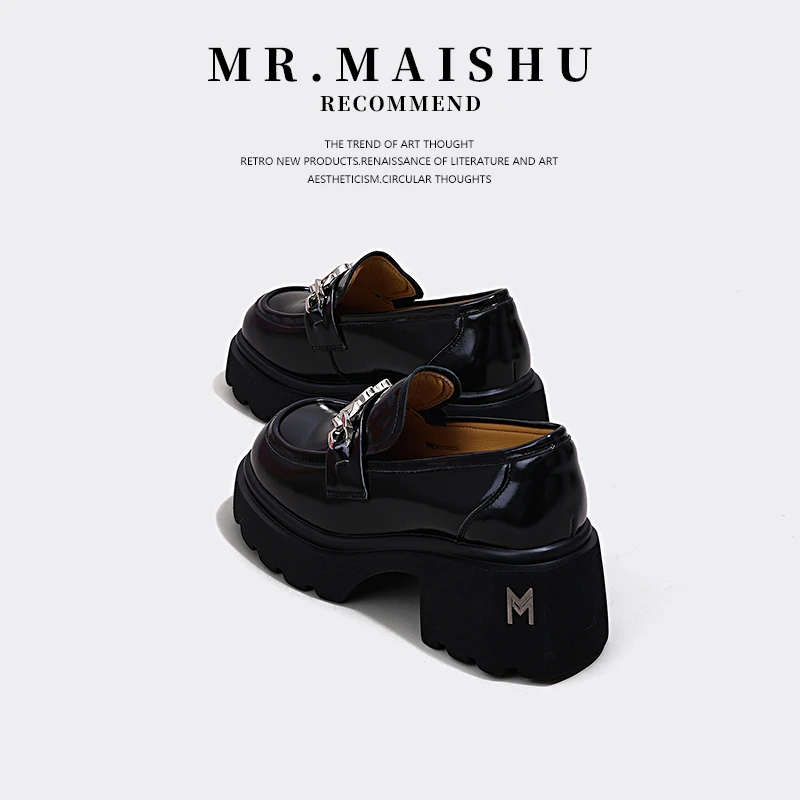 MR.MAISHU~头层牛皮厚底真皮黑色乐福鞋女款春夏小个子增高小皮鞋