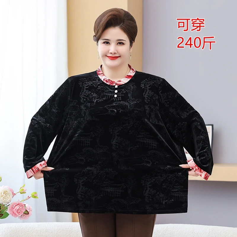 特大码240斤中老年妈妈秋装遮肚打底衫加肥长袖t恤春秋金丝绒上衣