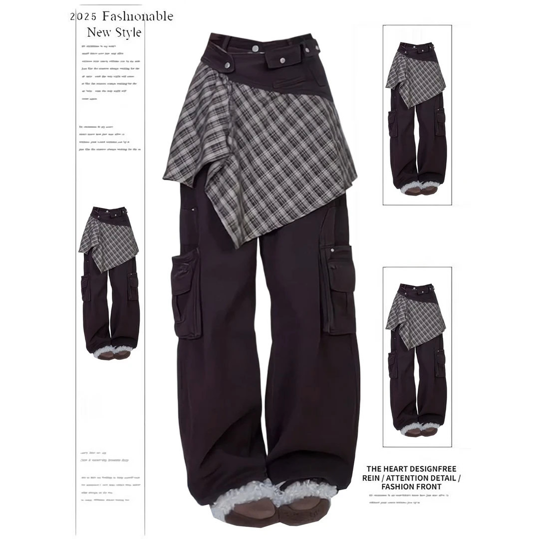 美式复古棕色屁帘裤女2025冬季新款辣妹假两件格纹拼接阔腿裤子潮