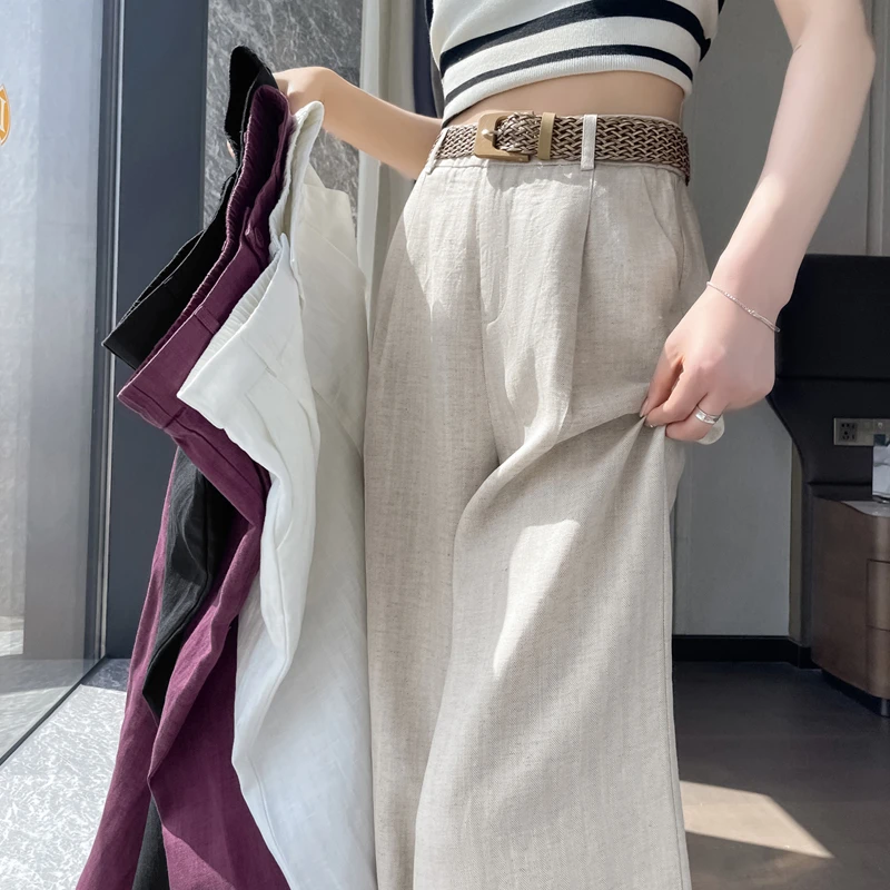 天丝亚麻阔腿裤夏季薄款人字纹冰丝高腰显瘦棉麻休闲拖地裤女5311