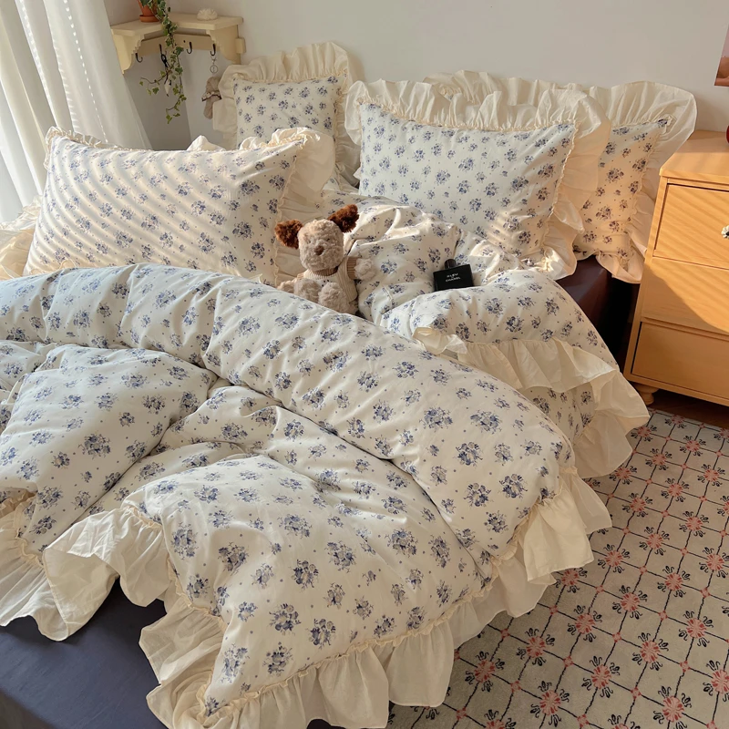 新款韩式复古博主风小碎花花边款床单四件套可爱小清新家用床品