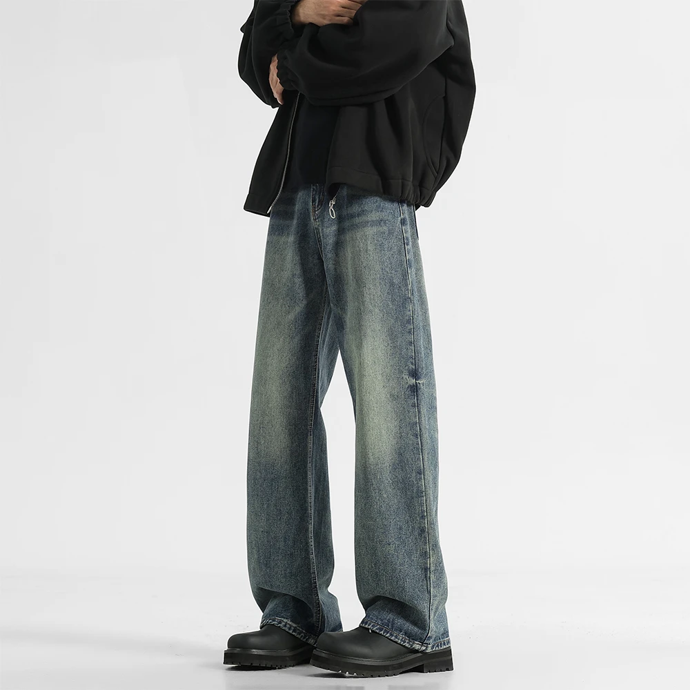 春秋美式复古cleanfit宽松直筒潮流牛仔裤男女高街潮猫须长裤