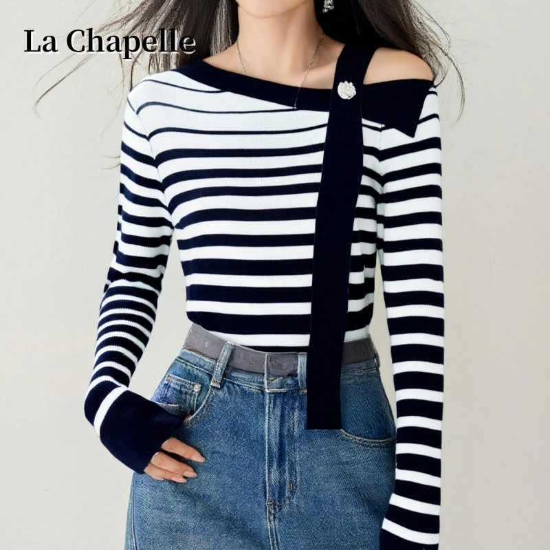 拉夏贝尔2025法式撞色一字领条纹冰丝针织短袖T恤可斜肩百搭上衣