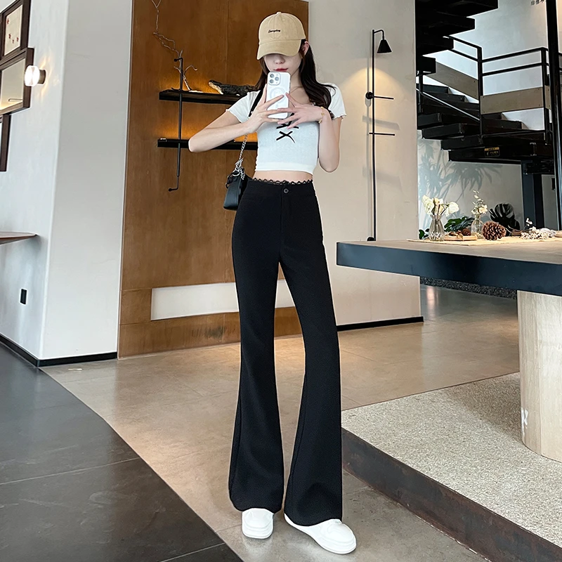 休闲加长黑色蕾丝微喇叭裤子女士春夏2025新款垂感弹力修身西装裤
