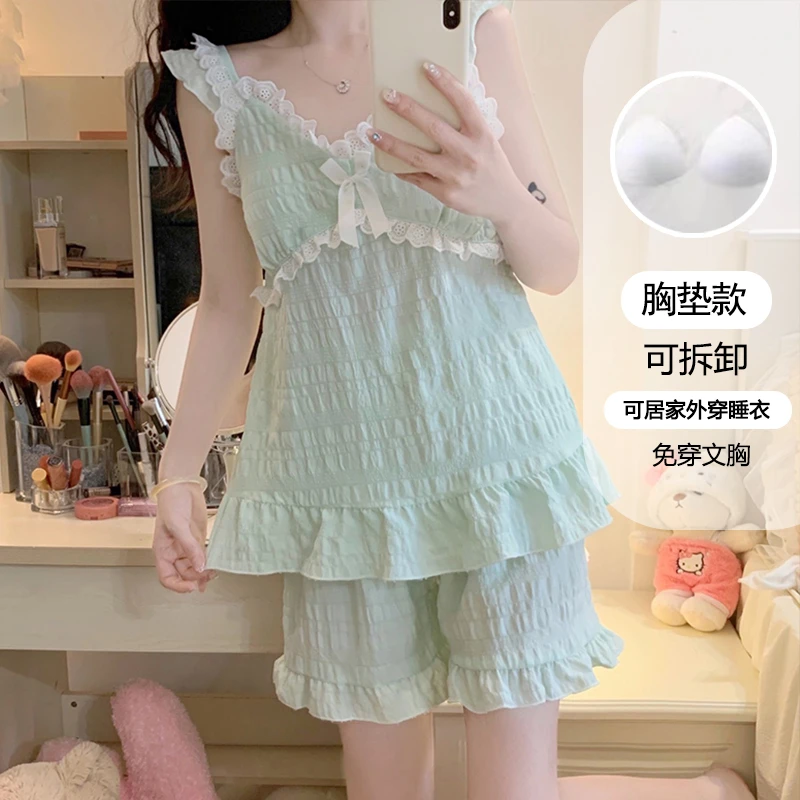 带胸垫套装夏季女士吊带短裤新款夏天甜美公主风睡衣薄款3036