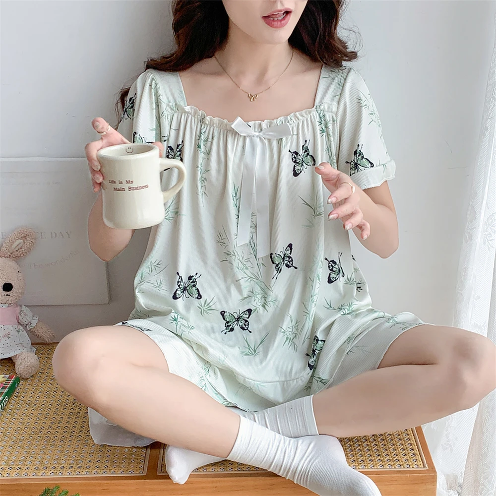 特大码冰丝短袖睡衣套装韩版公主风高级感甜美荷叶边蝴蝶家居服女