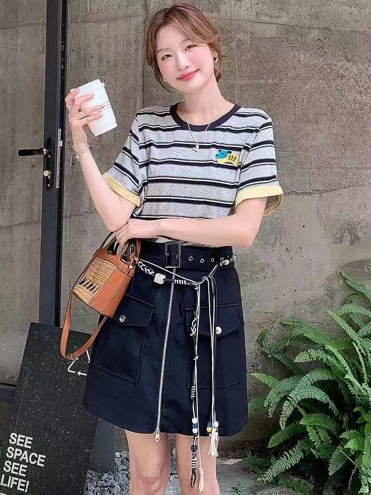 【海盐白沙】时尚条纹假两件拼接连衣裙女2025夏季新款显瘦裙子