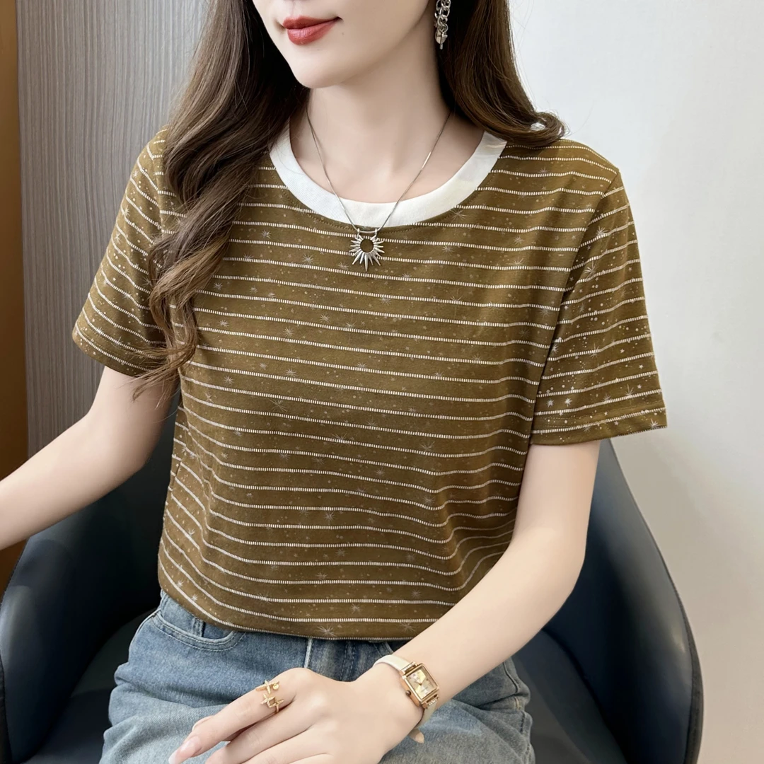 高级感条纹t恤女短袖2025新款夏季显瘦洋气百搭宽松显瘦遮肉上衣