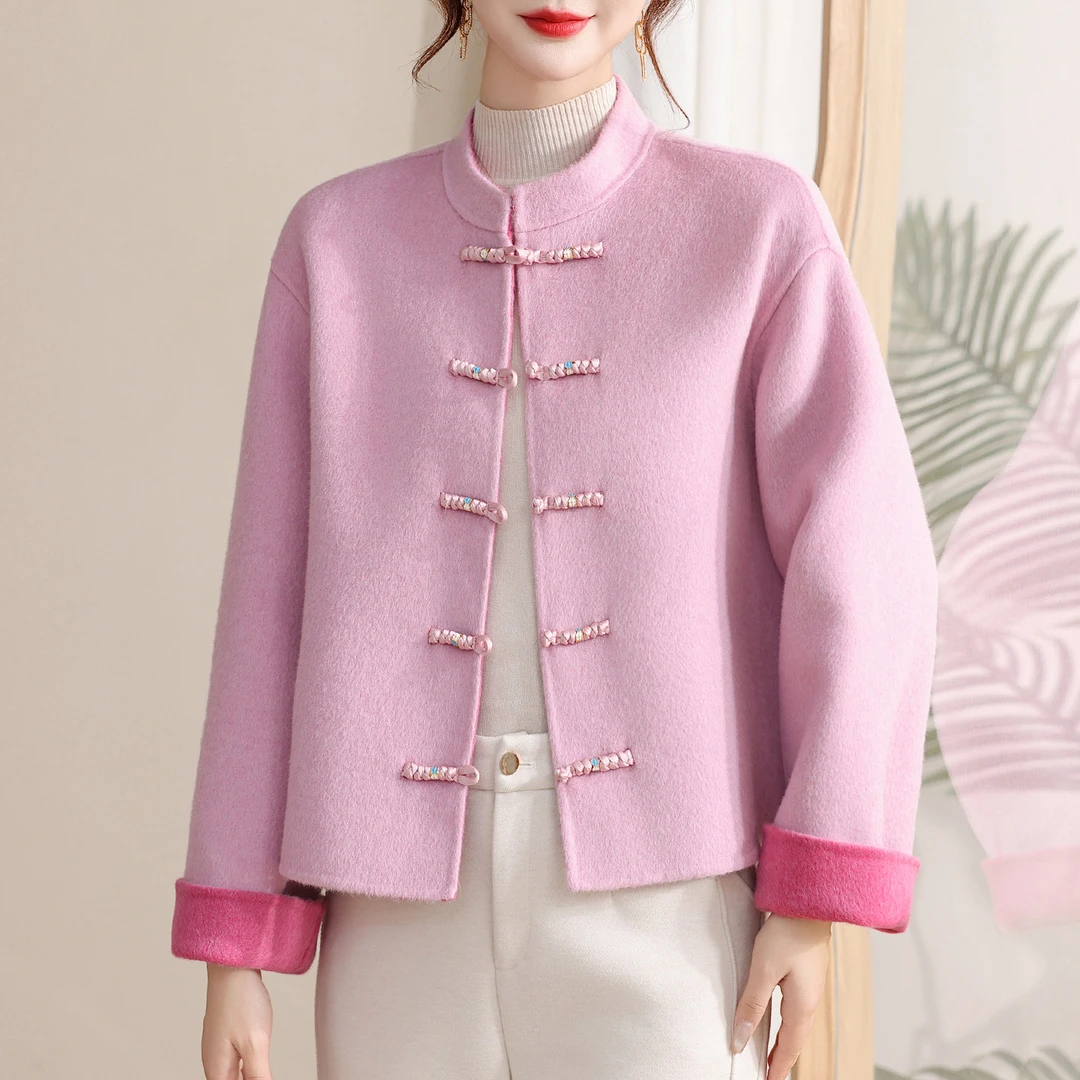 本命年妈妈秋装毛呢外套中老年女装秋冬高奢双面呢子红色上衣国风