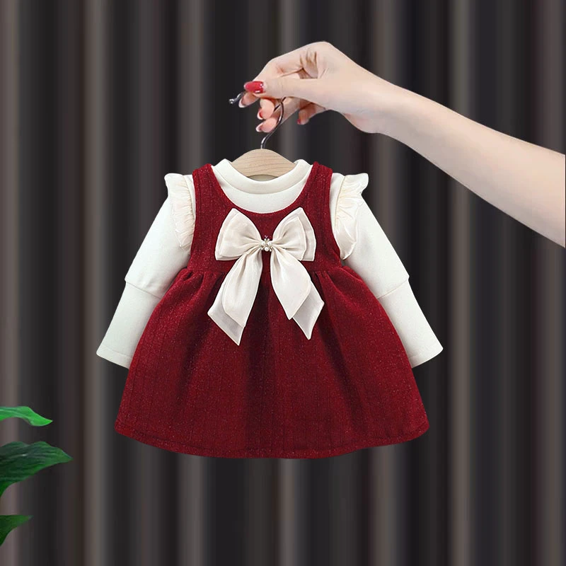 周岁女宝礼服女童冬季加绒蝴蝶结连衣裙套装婴儿冬装过年公主裙子