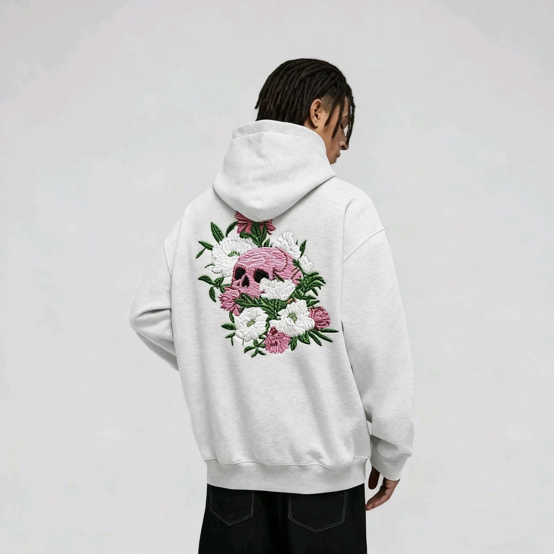 美式高街潮牌骷颅头刺绣连帽卫衣男款灰色秋冬季设计师男装高级感