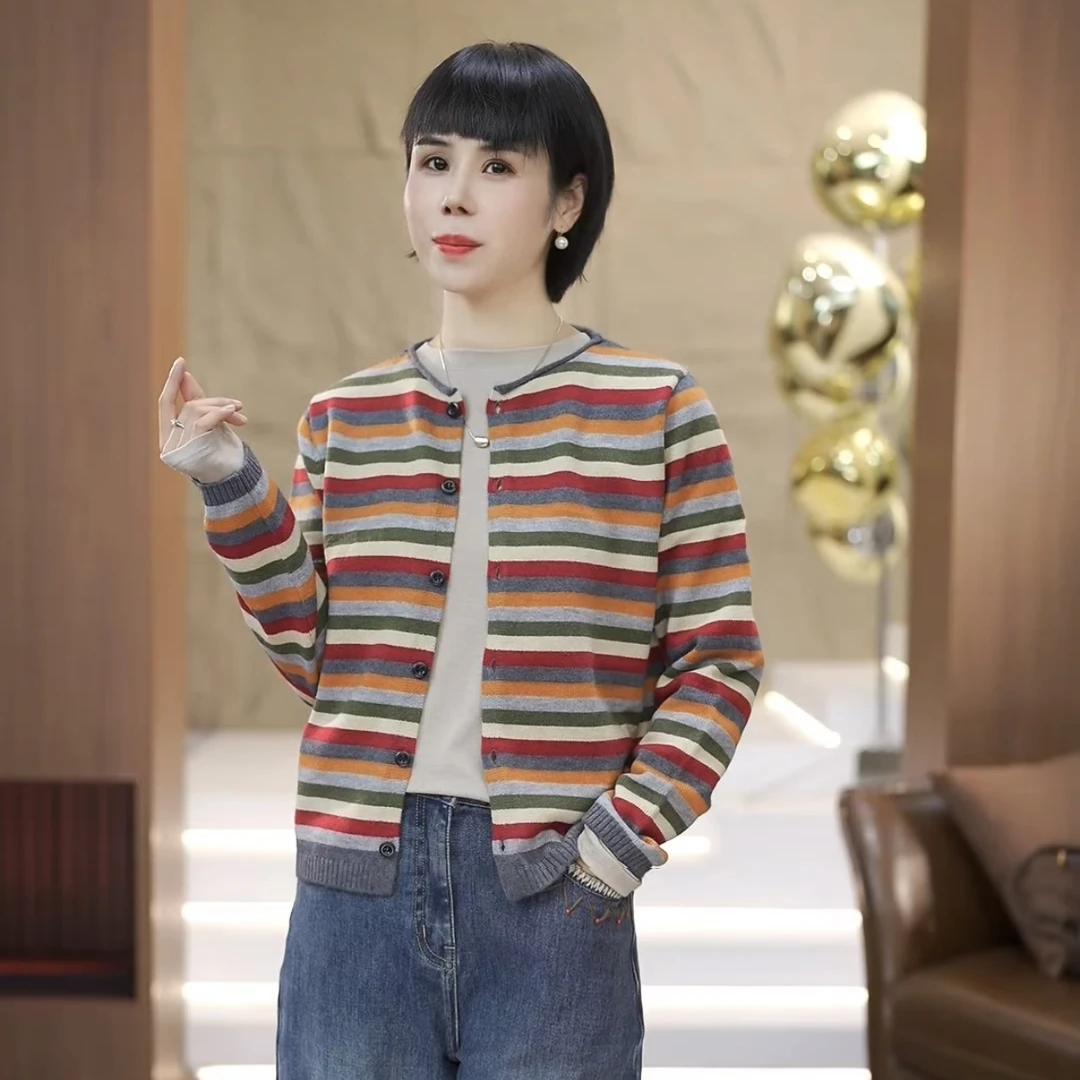 【渲渲推荐】QQ-9117秋季宽松时尚一排扣条纹小衫