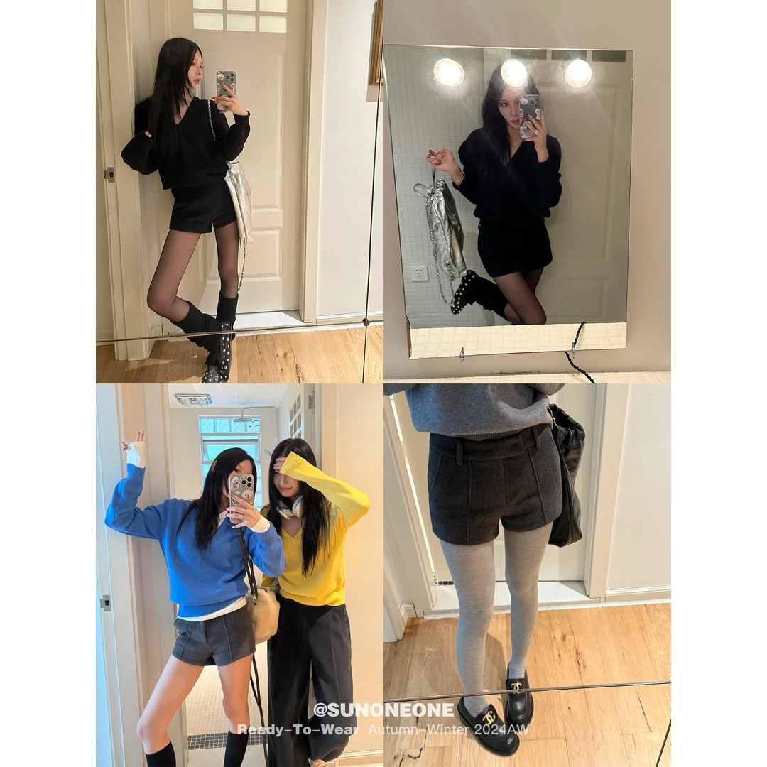 SUNONEONE 休闲呢料短裤女秋季外穿直筒修身气质休闲裤H0671K