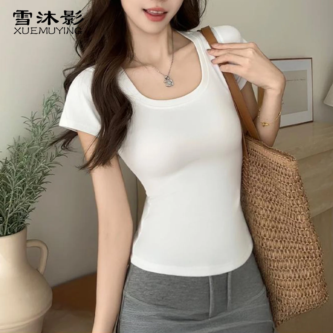 雪沐影夏季新款大U领正肩短袖T恤女修身收腰基础纯色辣妹穿搭上衣