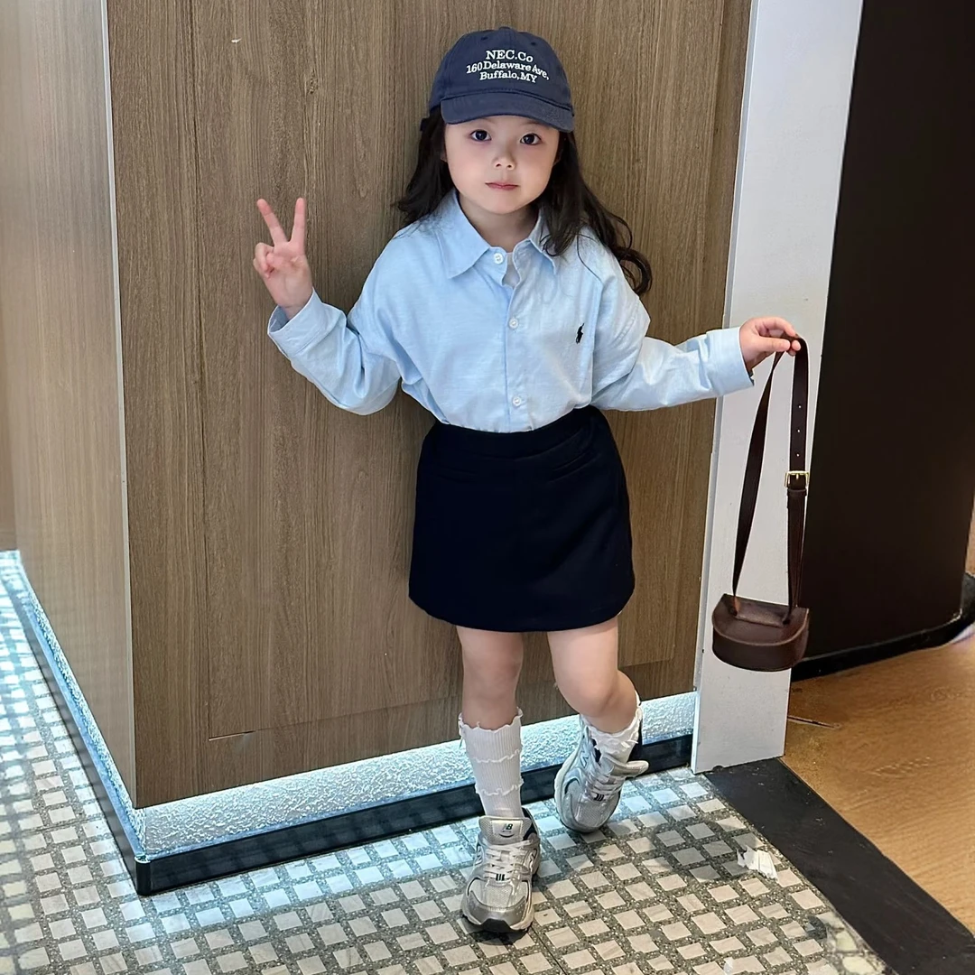 小惜亦2025女童秋季新款韩版蓝色长袖衬衫百搭半裙洋气套装童装