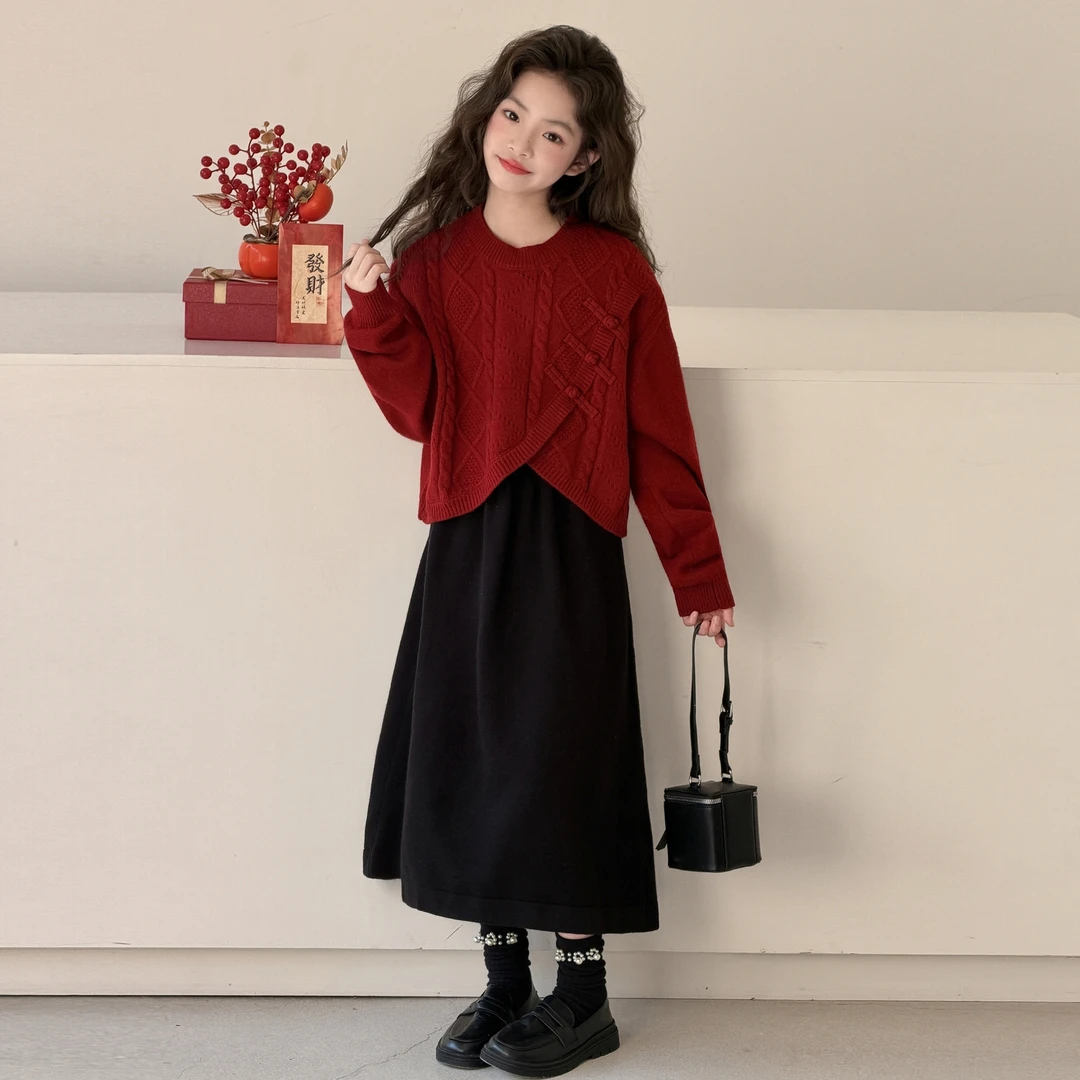 女童秋冬款新年红色加厚毛衣半身裙套装中大童洋气儿童冬装裙子潮