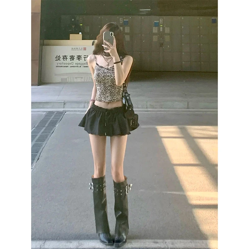 豹纹蕾丝拼接泰式小吊带背心女夏季美式低腰a字性感超短裙两件套