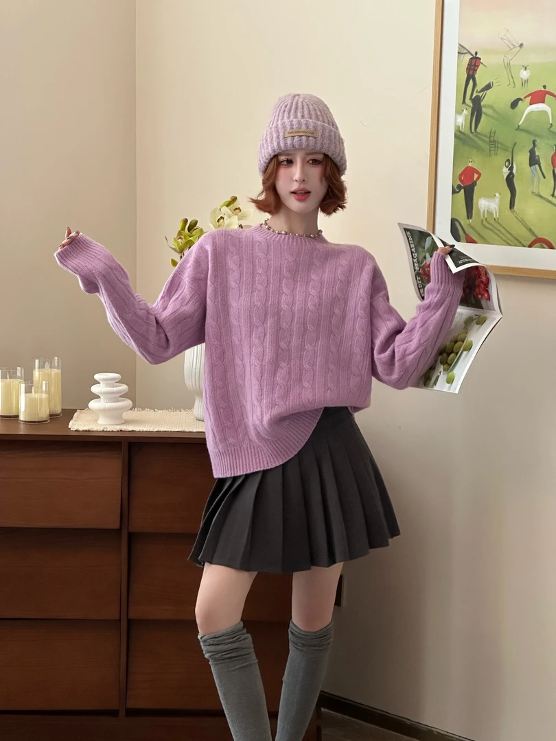 【笑笑同款】纯色慵懒风显瘦时尚长袖打底毛针织衫加厚圆领
