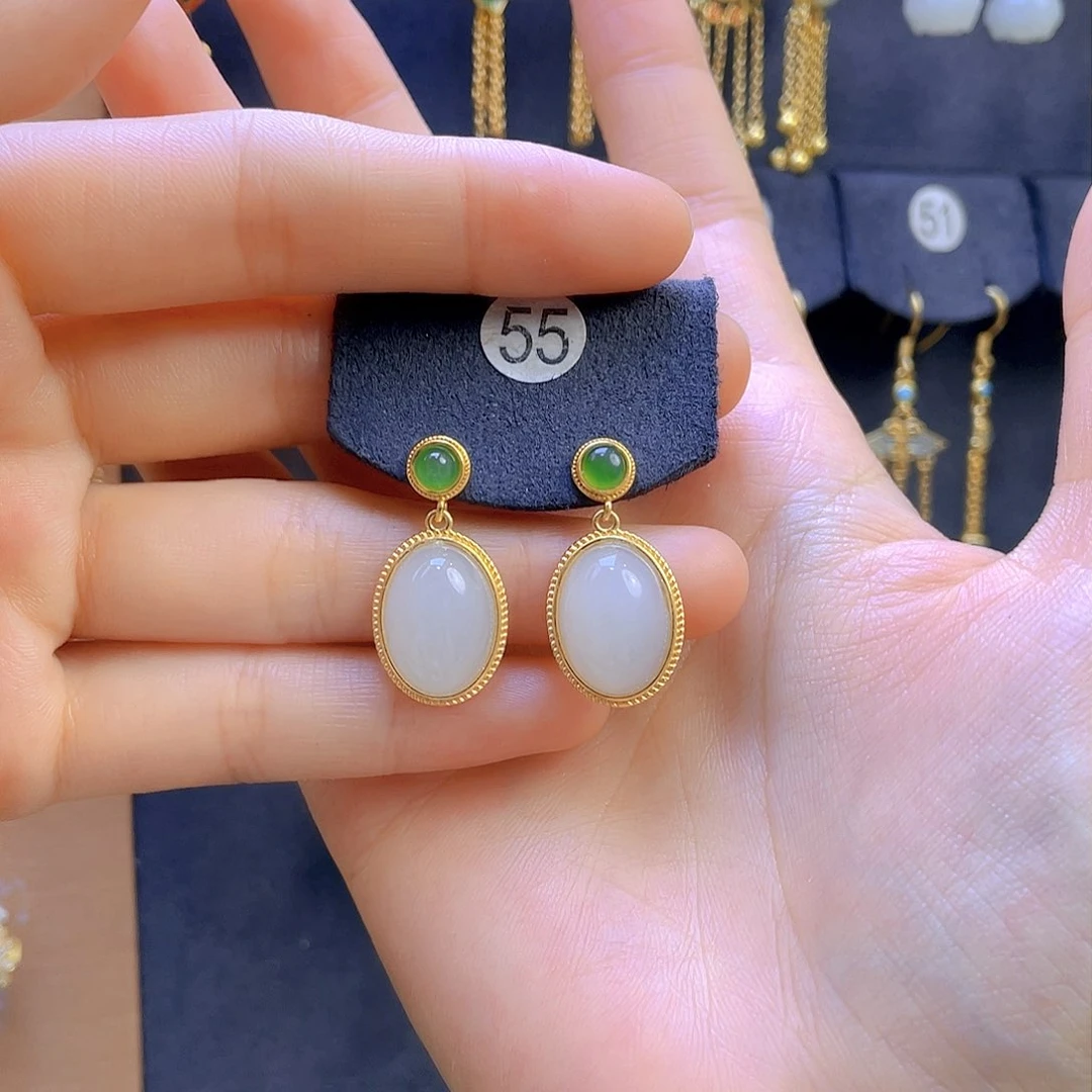 和田玉耳饰银S925镀金镶嵌