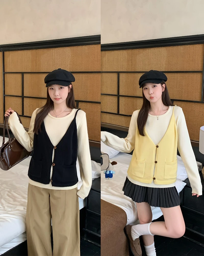 2025秋季新款大码女韩系撞色针织衫吊带背心叠穿假两件上衣68699