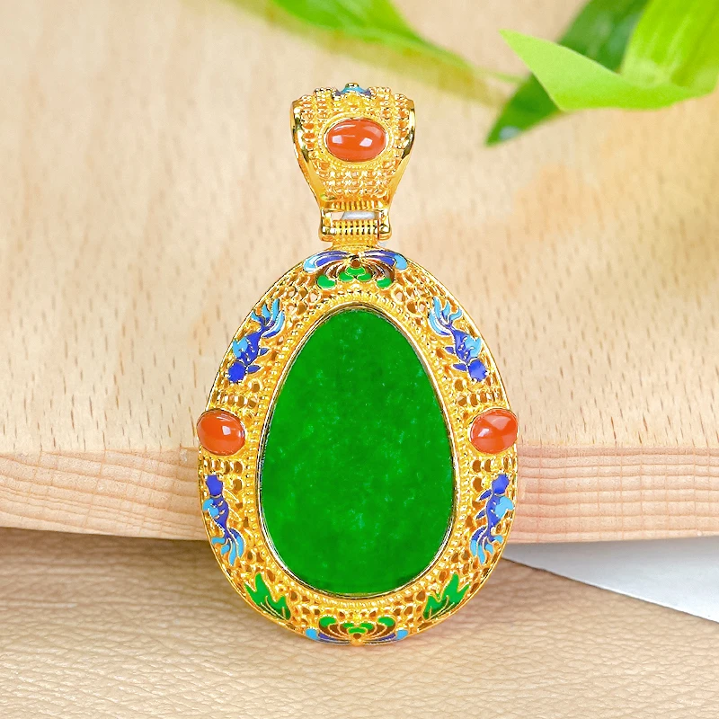 天然翡翠A货银镶嵌新中式宫廷风大气辣绿翡翠水滴单吊坠