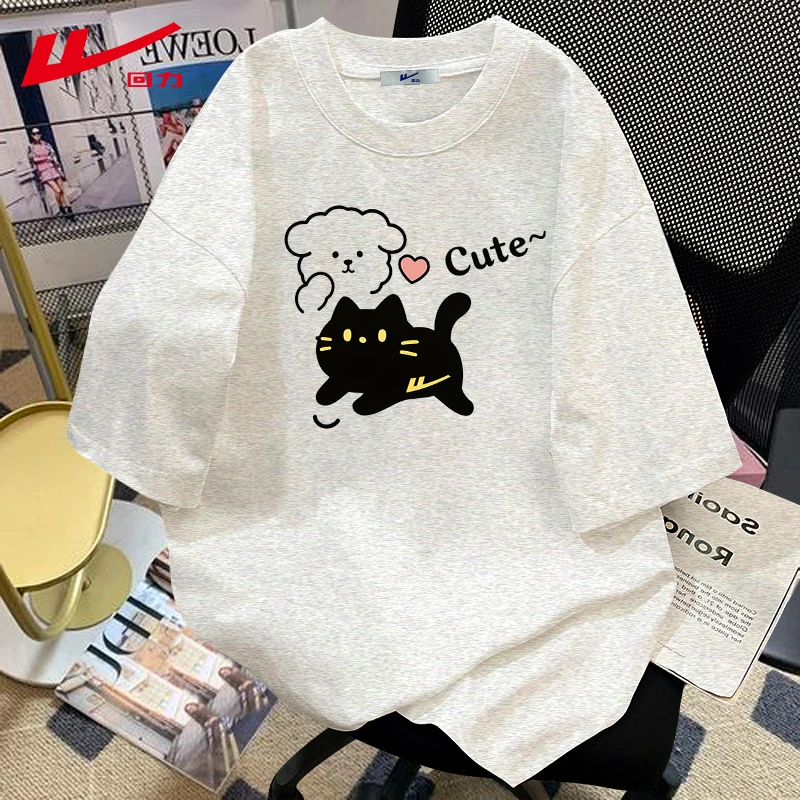 回力夏季夏装纯棉短袖T恤男女宽松运动情侣装圆领多巴胺嘻哈穿搭