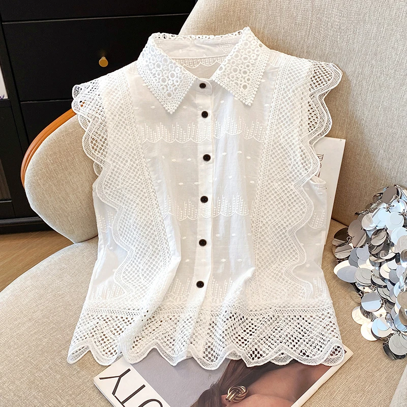 韩系蕾丝花边翻领镂空衬衫女装夏季新款别致漂亮polo领飞飞袖上衣