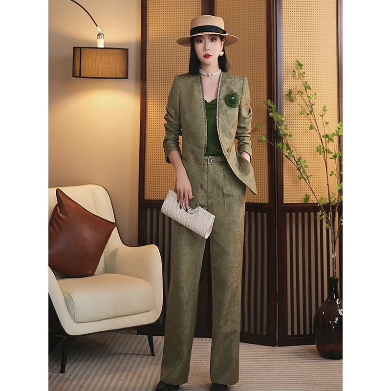 【CiCi小姐】2025春季时尚显瘦灰绿色复古女装优雅气质修身套装