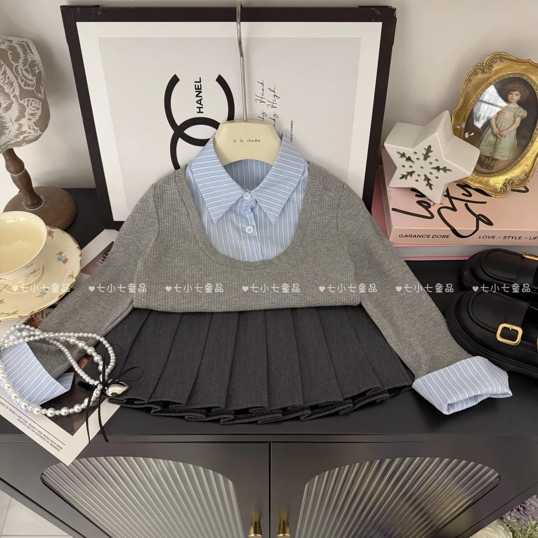 女童春季新款学院风假两件衬衫➕百褶裙两件套C23001